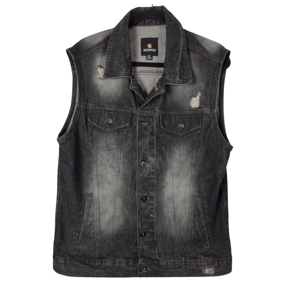 South Pole Men’s Black and Gray Distressed Denim Vest Size M